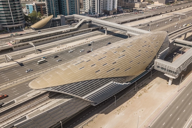 Aerial view of typical metro station in Dubai, UAE