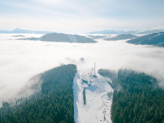 Aerial view of ukrainian ski resort in carpathian mountains