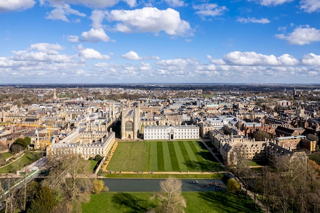 Aerial view of the university town of Cambridge, River Cam, UK