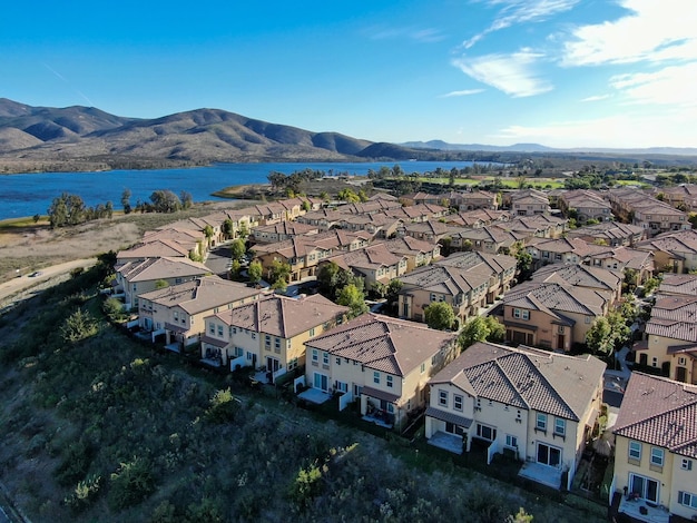 Aerial view of upper middle class neighborhood with identical residential subdivision, San Diego