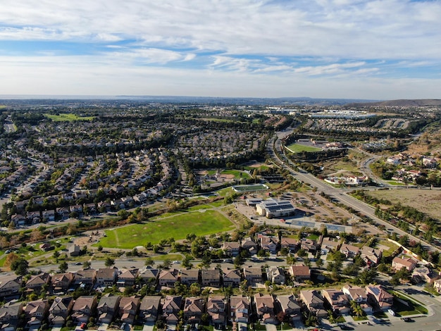 Aerial view of upper middle class neighborhood with identical residential subdivision, San Diego