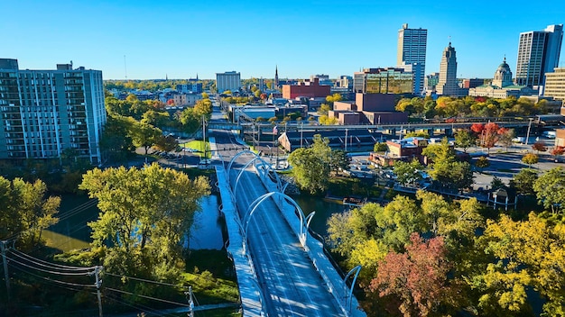 Aerial View of Urban Autumn Landscape with Veterans Memorial Bridge and River