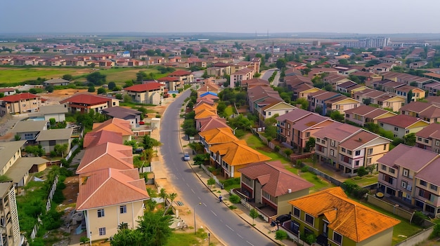 Aerial view of urban residential community with high density housing and lined roads Generative AI