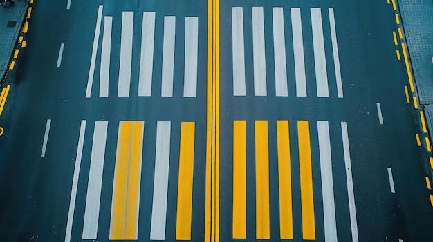 Photo aerial view of an urban road with bright white and yellow traffic lines dividing lanes on asphalt