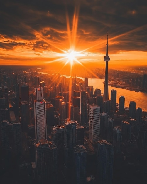 Photo aerial view of urban skyline at sunset with skyscrapers and water in the background