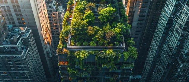 Photo aerial view of urban skyscraper with lush green rooftop garden surrounded by city buildings at sunset