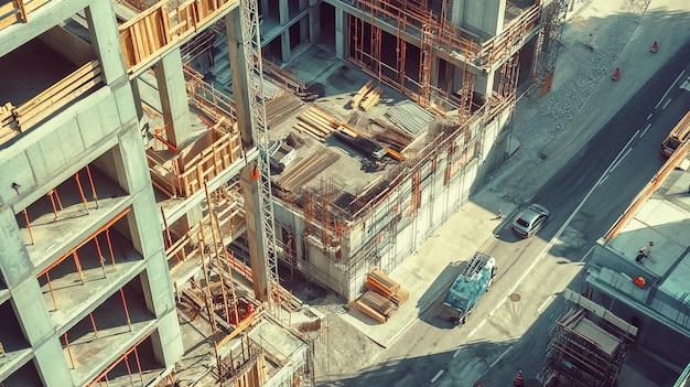 Aerial View Urban Street With Busy Under Construction Building