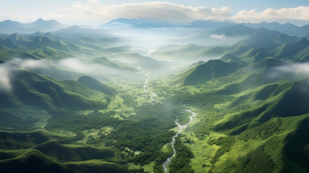 An aerial view of a valley with a river running through it