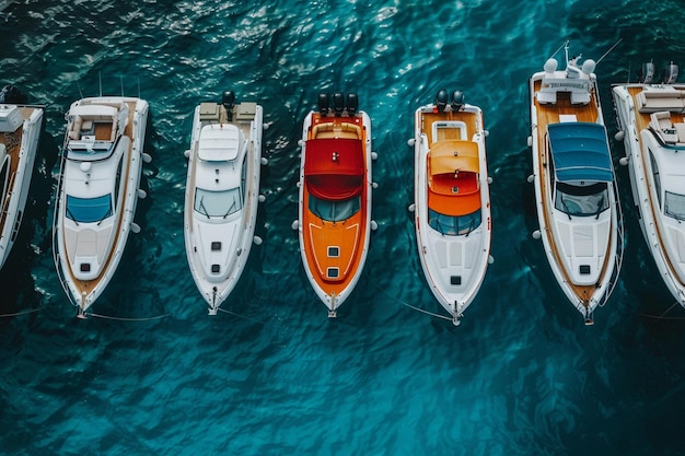 Photo aerial view of various types of boats docked near the coast at the sea