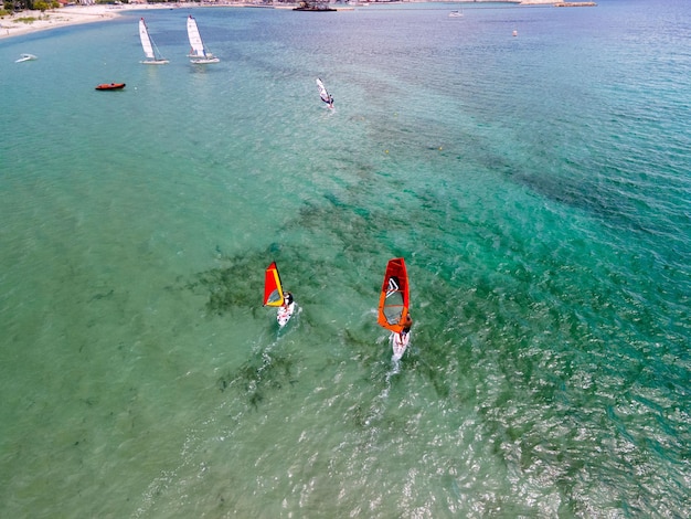 Aerial view of vasiliki beach windsurfing Lefkada island Greece copy space