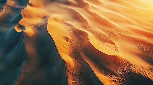 Photo an aerial view of a vast desert landscape with rolling sand dunes illuminated by the setting sun