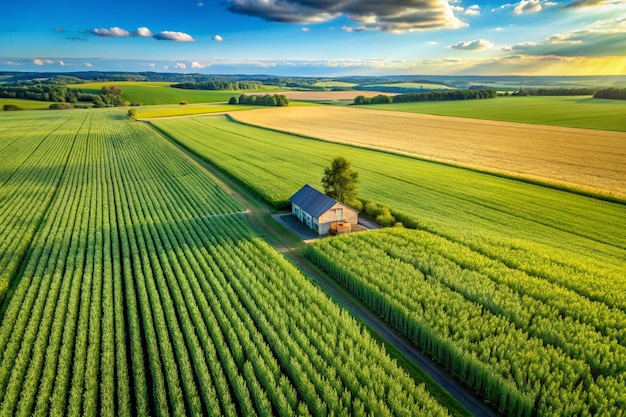 An aerial view of a vast golden wheat field ready for harvest with a lone farmhouse green tree side