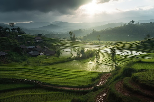 An aerial view of a vast and lush rice field