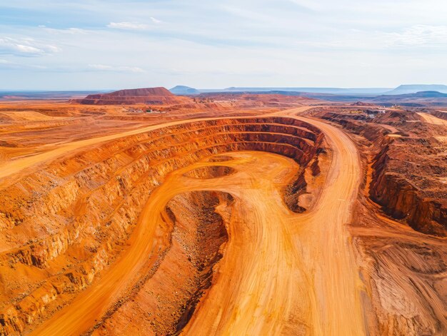 Photo aerial view of a vast openpit mine showcasing unique orange hues and layered earth formations under a clear blue sky