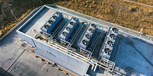 Aerial view of ventilation and air conditioning system on the roof of building.