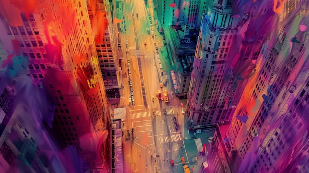 Aerial view of a vibrant abstract cityscape with colorful skyscrapers and streets Modern urban design concept in a dynamic artistic style