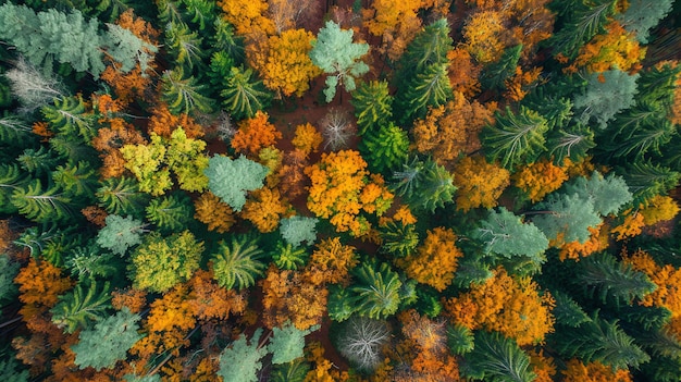 An aerial view of a vibrant autumn forest with a mix of evergreen and deciduous trees