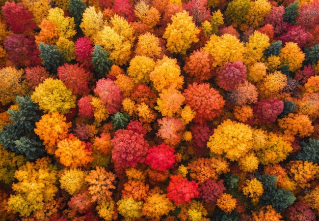 Aerial view of a vibrant autumn forest with trees in shades of orange red and yellow