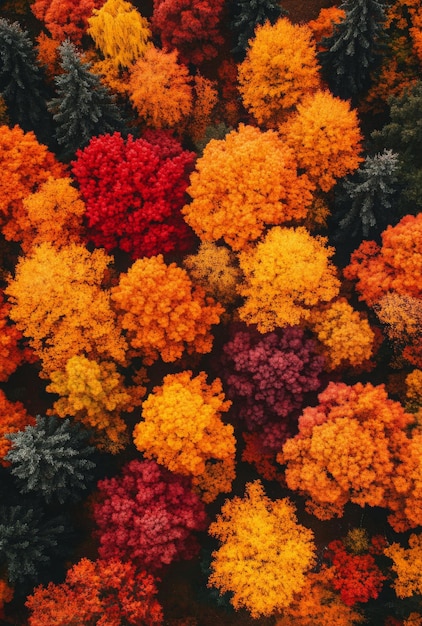 Photo aerial view of a vibrant autumn forest with trees in shades of orange red and yellow