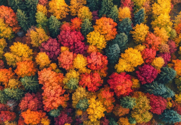 Aerial view of a vibrant autumn forest with trees in shades of orange red and yellow