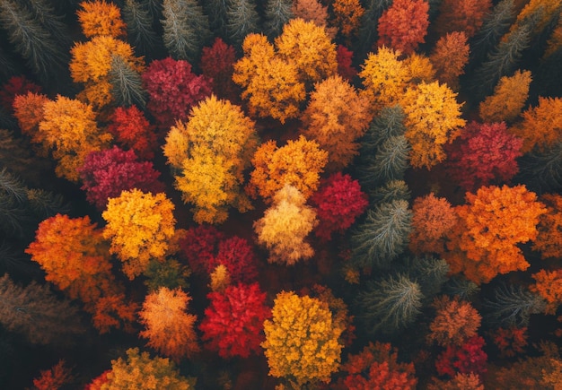 Aerial view of a vibrant autumn forest with trees in shades of orange red and yellow