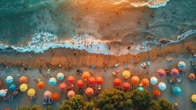 Aerial view of a vibrant beach scene with colorful umbrellas sunbathers and swimmers