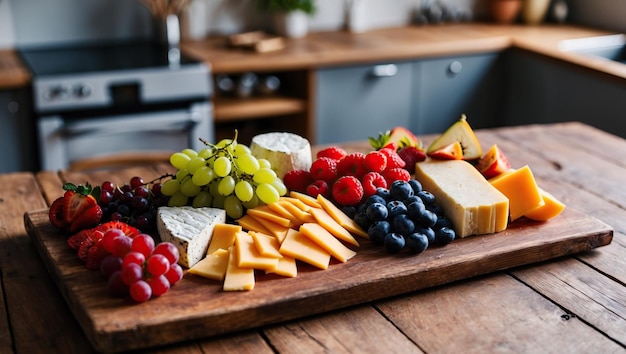 Photo aerial view of vibrant charcuterie board featuring assorted fruits and cheeses