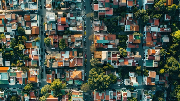 An aerial view of a vibrant cityscape dotted with residential and commercial buildings