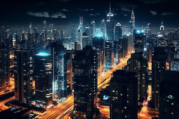 Aerial view of a vibrant cityscape at night