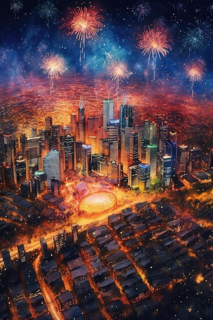 Aerial view of vibrant fireworks display over a city skyline created with generative ai