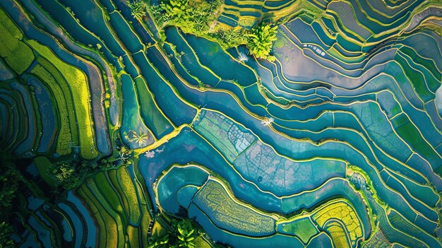 Aerial view of vibrant green rice terraces with blue water