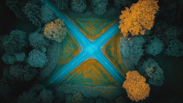 Photo aerial view of vibrant intersecting paths in lush colorful forest landscape