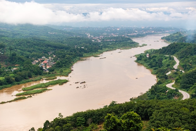 Aerial view of village near the river.