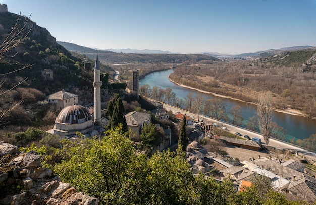 Aerial view of the village of Pocitelj and river Neretva, in Bosnia and Herzegovina