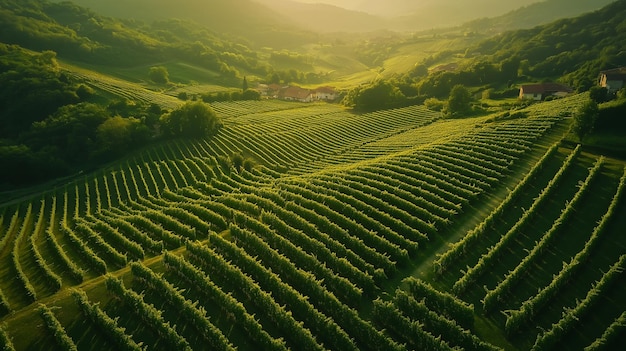 Photo aerial view of a vineyard in a valley with houses in the distance