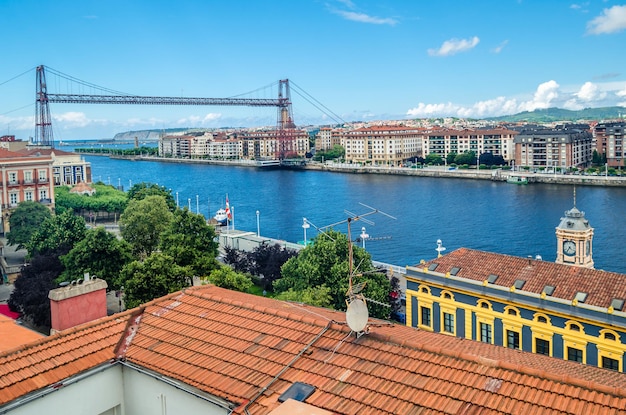 Aerial view of Vizcaya Bridge a transporter bridge that links the towns of Portugalete and Getxo Spain built in 1893 declared a World Heritage Site by UNESCO