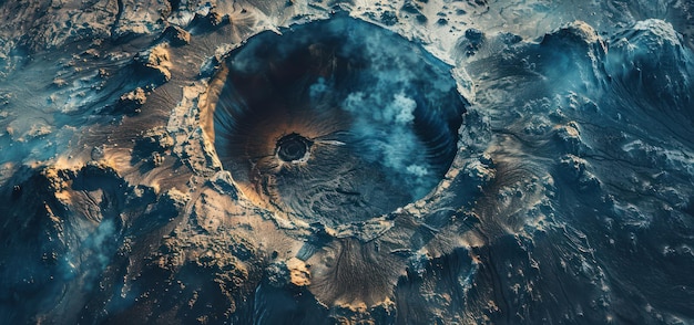 Photo aerial view of a volcanic crater with smoke