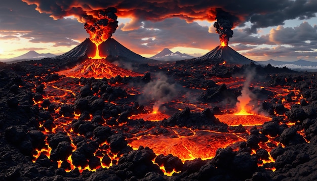 Photo aerial view of volcanic landscape with multiple volcanoes erupting sending plumes of smoke and lava into air sunset casts warm glow on scene highlighting fiery red lava flows