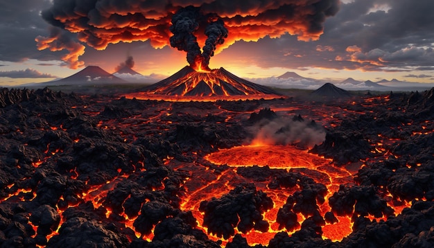 Photo aerial view of volcanic landscape with multiple volcanoes erupting sending plumes of smoke and lava into air sunset casts warm glow on scene highlighting fiery red lava flows