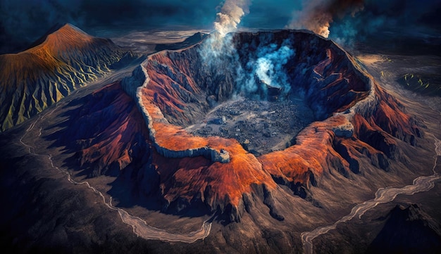 Aerial view of Volcano eruption with lava flowing on rock mountain background magma Generative Ai