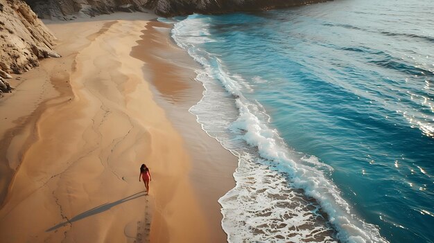 Aerial view of walking young woman on empty sandy beach near sea with waves at sunse Generative AI