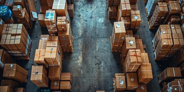 Photo aerial view of a warehouse filled with cardboard boxes