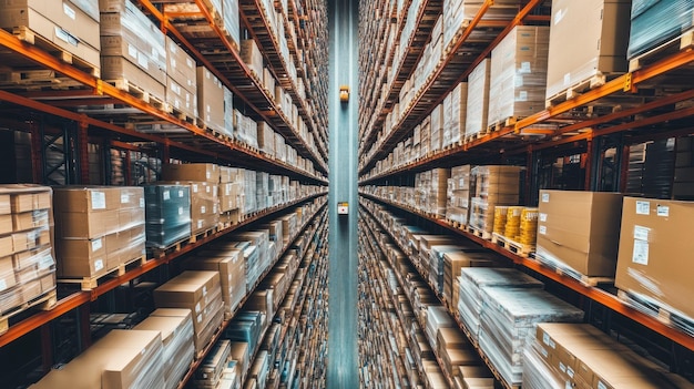 Aerial View of a Warehouse with Forklifts Moving Boxes Along Narrow Aisles