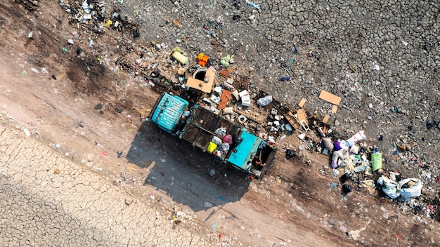 Aerial view waste dump Waste from household in waste landfill disposal pile plastic garbage and various trash Environmental pollution global warning