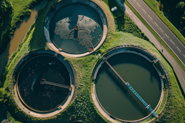 Aerial view of wastewater treatment plant basins in an intricate industrial setting