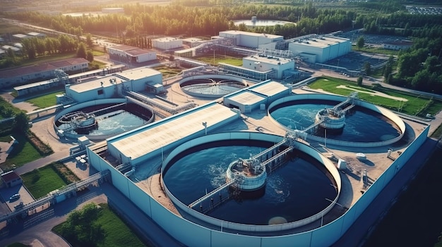 Aerial view of the wastewater treatment plant Pumping station and drinking water supply Industrial and urban water treatment for a big city Round sedimentation tanks Generative Ai