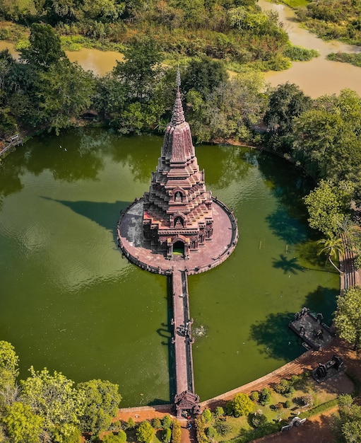 Aerial view of Wat Huai Kaeo or Wat Huay Kaew pagoda temple in LopburiThailand