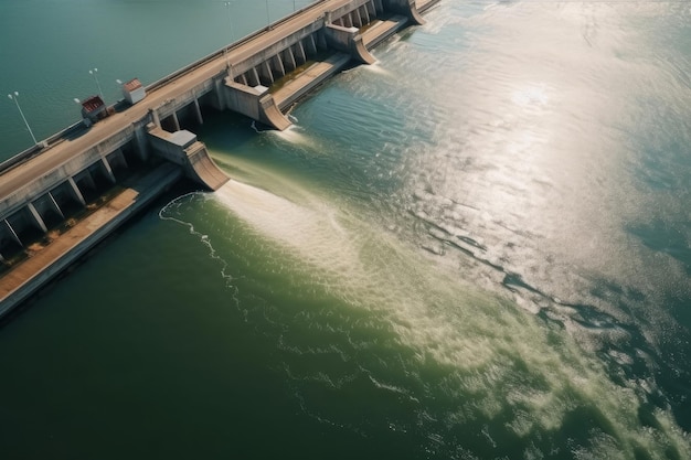 Aerial view of water discharge at hydroelectric power plant Generative ai