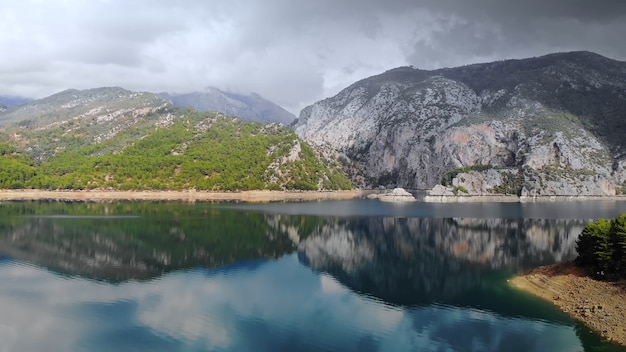 Aerial view of water and mountains