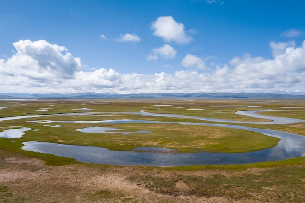 Aerial view of water sources and plateau wetland yellow river township maduo county qinghai province China